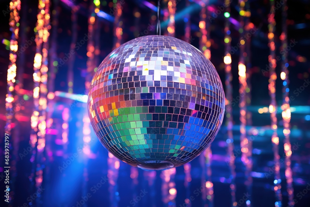 Obraz premium Generative AI, Disco shiny ball, party reflecting colorful lights for music broadcast, night clubs, musical banners