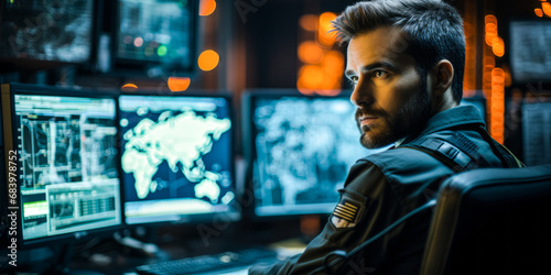 portrait of Command and Control Center Officer, Manage the operation of communications, detection, and weapons systems essential for controlling air, ground, and naval operations. photo