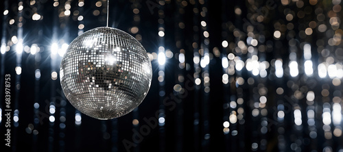 Generative AI, Disco shiny ball, party reflecting colorful lights for music broadcast, night clubs, musical banners