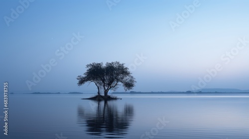  a lone tree sitting in the middle of a large body of water with a moon in the sky above it.