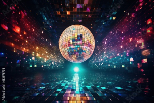 Generative AI, Disco shiny ball, party reflecting colorful lights for music broadcast, night clubs, musical banners