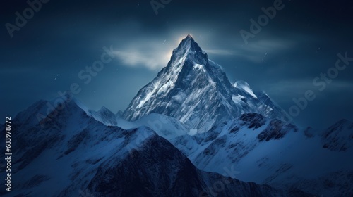  a very tall mountain in the middle of a night sky with a bright light shining on the top of it.