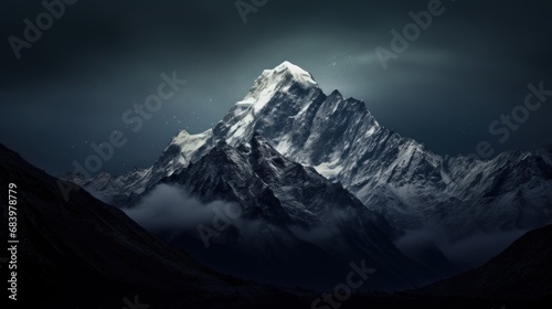  a very tall mountain in the middle of a dark sky with a full moon in the middle of the mountain.