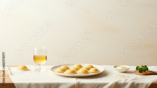  a table topped with a plate of food next to a glass of wine and a plate of macaroni and cheese.