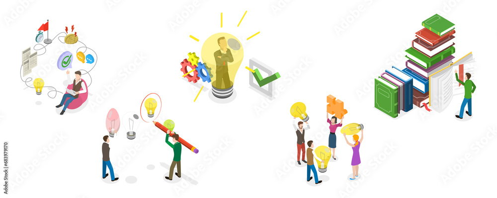 3D Isometric Flat  Conceptual Illustration of Creativity and Innovations, Big Idea to Solve Business Problem
