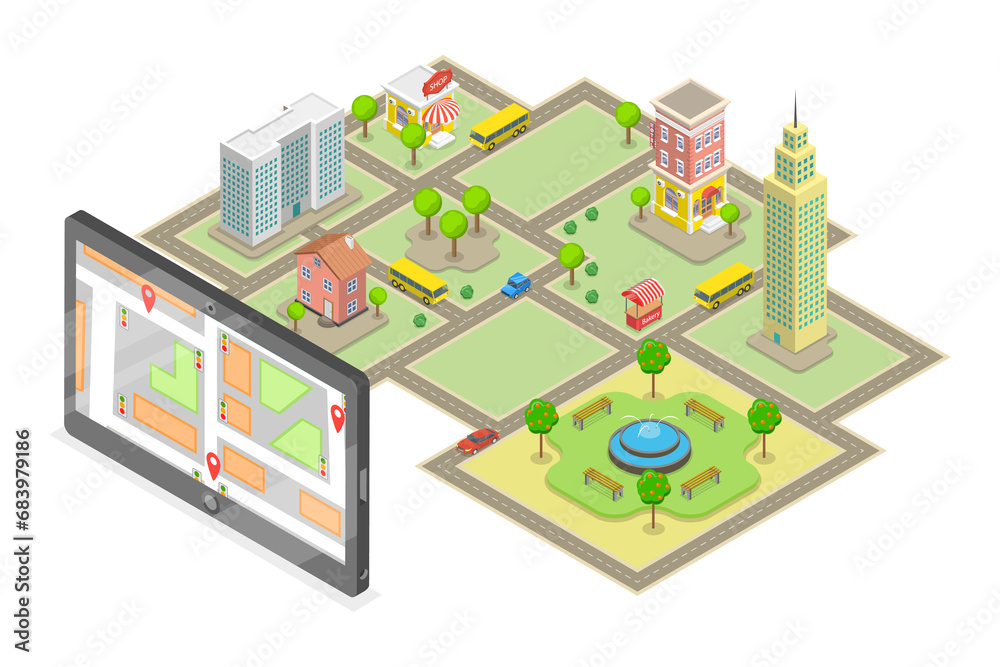 3D Isometric Flat  Conceptual Illustration of Efficient Traffic Management, Urban Transportation