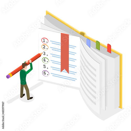 3D Isometric Flat  Conceptual Illustration of Taking a Note, Statistics and Business Statement