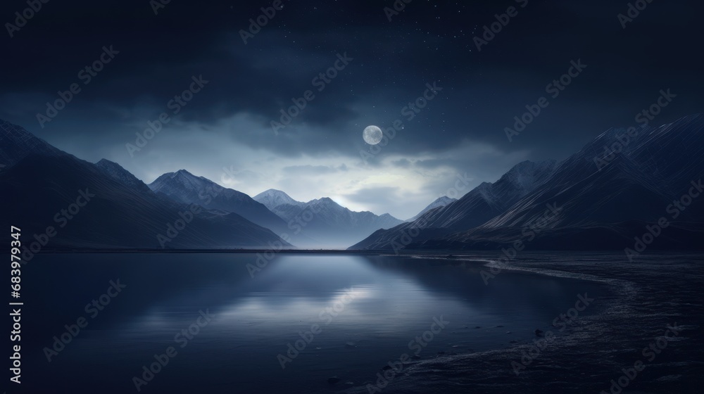 a body of water with a mountain range in the background and a full moon in the sky above the water.