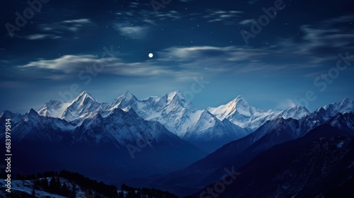  a night scene of a mountain range with the moon in the sky and the stars in the sky above it.