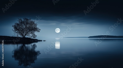 a tree in the middle of a body of water with a full moon in the sky above it and a body of water in the foreground.