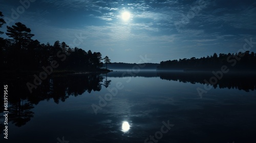  a body of water surrounded by trees under a blue sky with a bright moon in the middle of the sky.