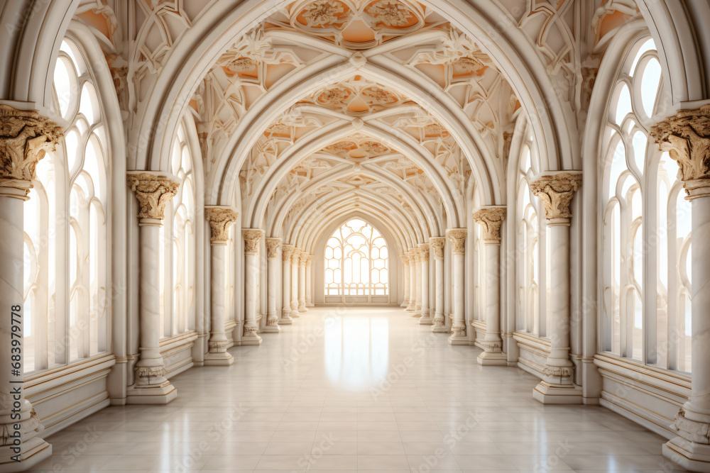 white marble interior corridor with arches --ar 32 --st