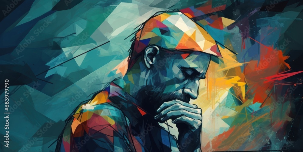Pensive sad man in low poly style. Abstract colorful background. Mental Diseases Concept. Mental Problems. Loneliness. - obrazy, fototapety, plakaty 