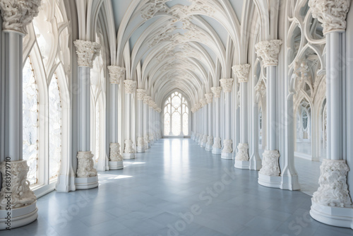 Marble columns in a white hallway