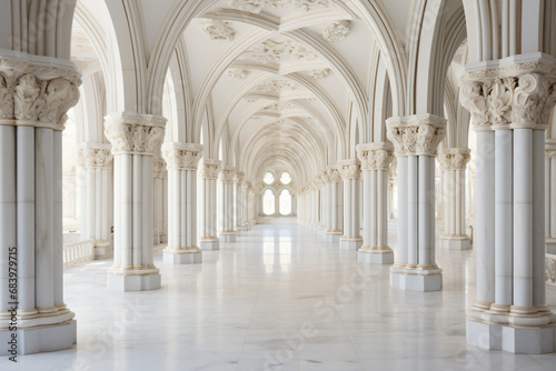 Large columns in a white cathedral hallway