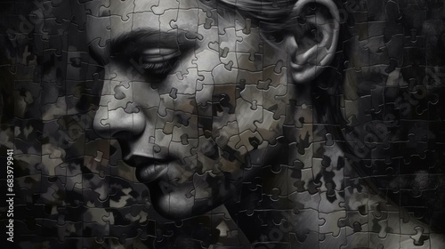 Portrait of a beautiful woman with missing piece of jigsaw puzzle. Mental Diseases Concept. Mental Problems. Loneliness.