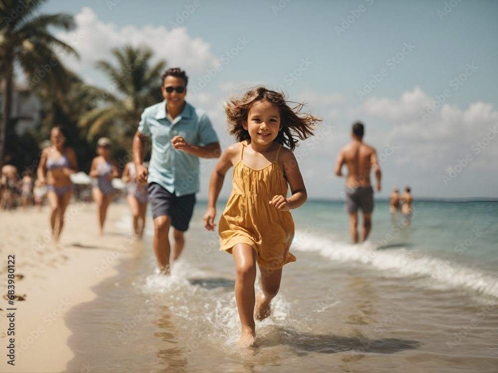 A cute little kid running on the beach water and the parents with family behind. sunny warm vacation day. family having fun. swimming in the sea.