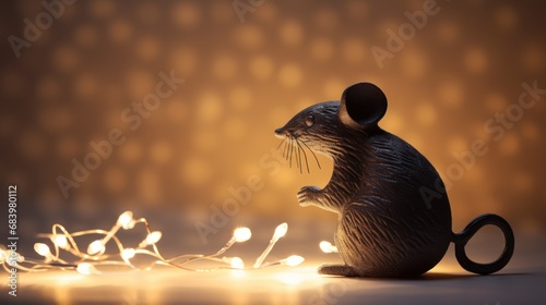  a figurine of a rat sitting on its hind legs with a string of lights in front of it. photo
