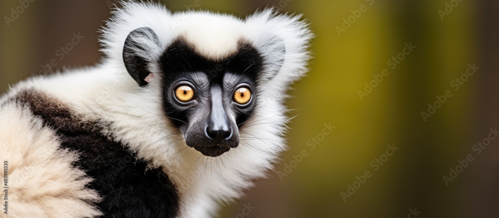 Fototapeta premium In the serene forest of Africa's national park, a young and cute black and white lemur, with its adorable face and fur, poses for a portrait, captivating the onlookers at the zoo's wildlife exhibit.