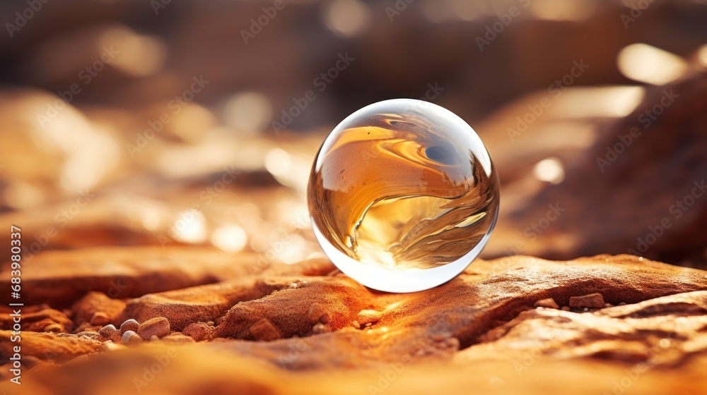  a glass ball sitting on top of a bed of rocks next to a rock covered in yellow and brown leaves.