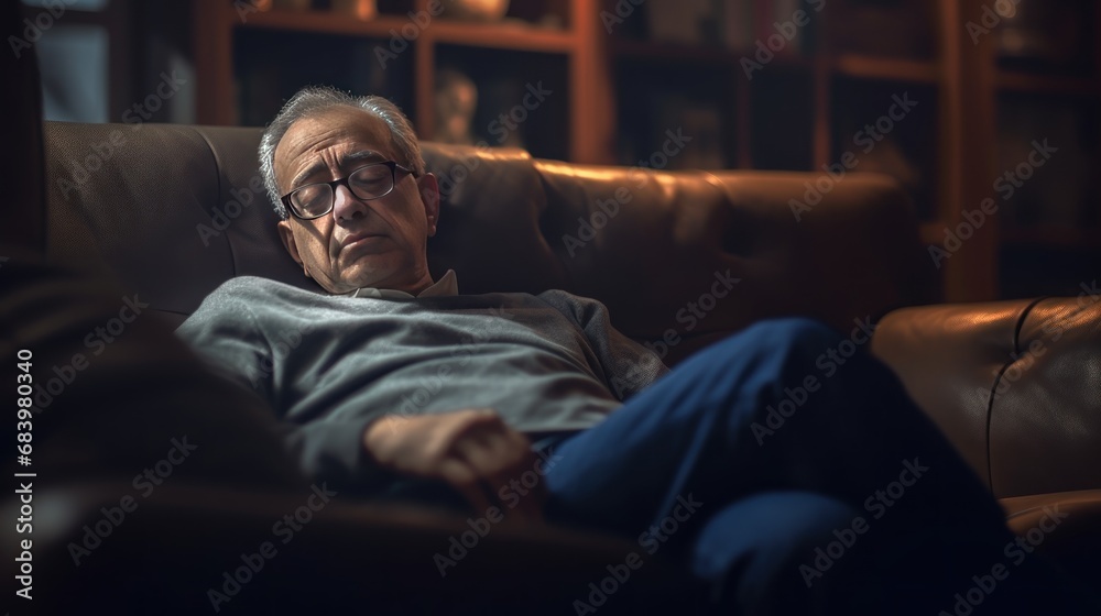 Portrait of an elderly sad man sleeping on a sofa in the evening at home. Mental Diseases Concept. Mental Problems. Loneliness.