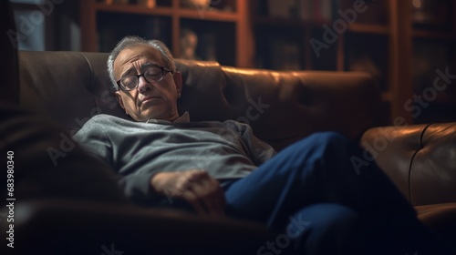 Portrait of an elderly sad man sleeping on a sofa in the evening at home. Mental Diseases Concept. Mental Problems. Loneliness.
