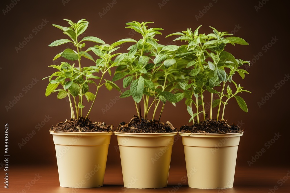 Trendy collection of home cute plants in flower pots. Plants in a pot on brown background, Close up of tropical leaves or houseplant that grow indoor for decorative purpose. Trendy collection of home cute plants in flower pots. Plants in a pot on brown background, Close up of tropical leaves or houseplant that grow indoor for decorative purpose.