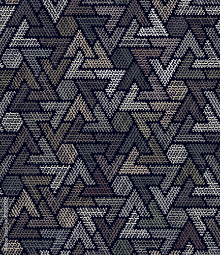  Seamless repeating pattern with multicolored brown and grey small triangles and hexagons on a black background. Grid texture finish. Abstract geometric ornament. Decorative vector illustration. 