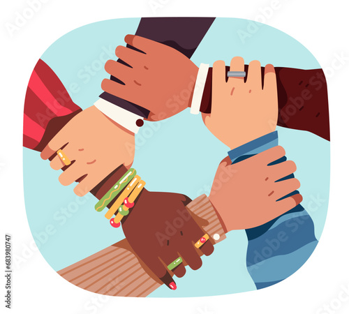 Ring of people hands as teamwork concept. Many diverse multi-ethnic group team holding hands together in circle for cooperation. Community, togetherness, agreement concept flat vector illustration