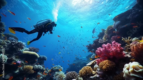 a scuba diver swimming in the ocean photo