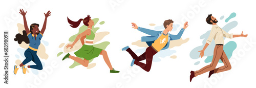 Happy excited person jumping having fun set. Joyful emotional young men and women characters flying, raising arms, running happily collection. Joy, success, happiness concept flat vector illustration