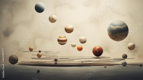  a group of planets floating on top of a body of water next to a row of poles with poles sticking out of them.