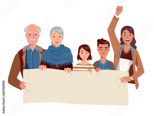 Family holding blank placard in protest. Activist mother woman, elderly grandparent couple, son boy, daughter girl kid protesting with empty sign. Person social rights concept flat vector illustration