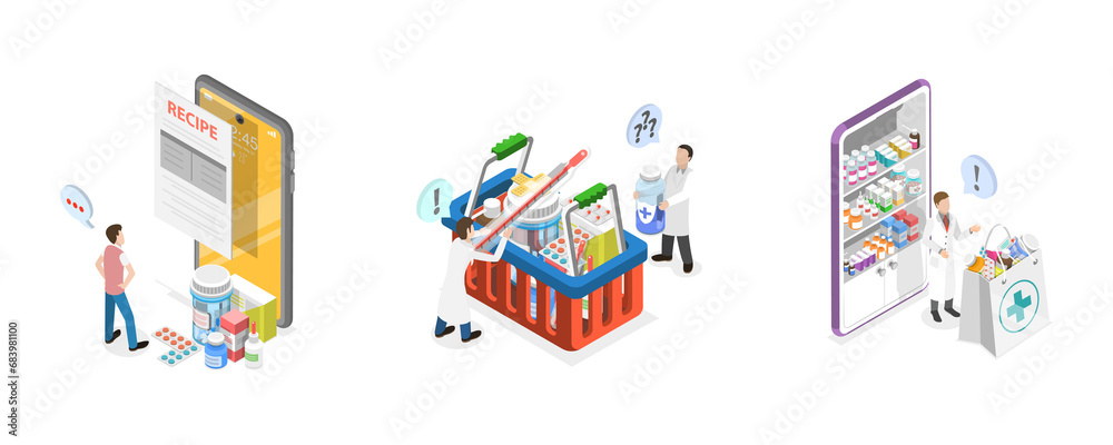 3D Isometric Flat  Conceptual Illustration of Pharmacy Store, Online Drugstore Service