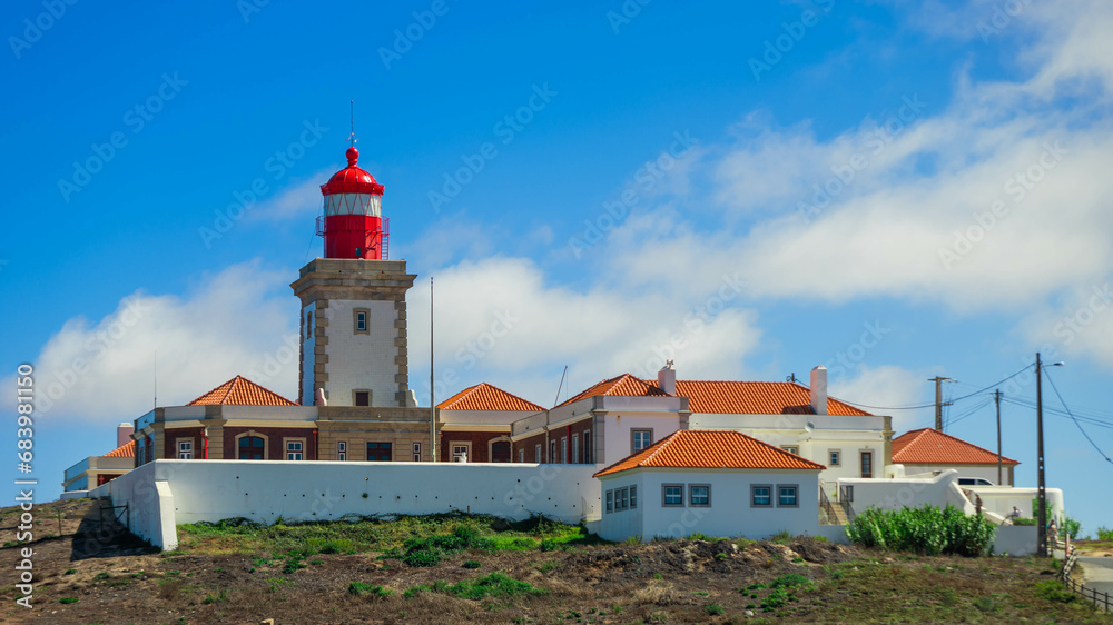 Cabo da Roca, Portugal - 15.08.2023: Lighthouse located above the Atlantic Ocean at the most western point of continental Europe.