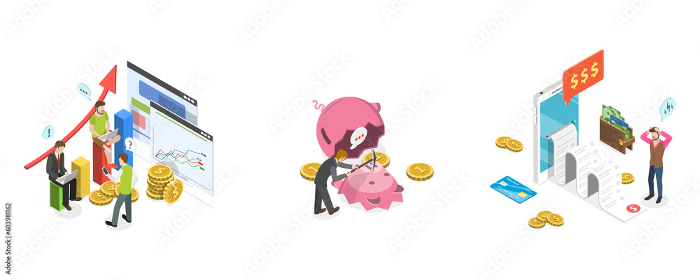 3D Isometric Flat Conceptual Illustration of Money And Finances, Bill Payment, Bankruptcy 3D Isometric Flat Conceptual Illustration of Money And Finances, Bill Payment, Bankruptcy
