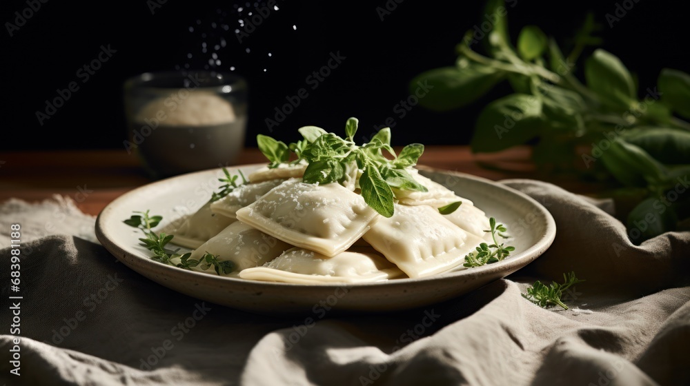 a plate of ravioli with parsley sprinkled with parsley on a table cloth next to a glass of water. a plate of ravioli with parsley sprinkled with parsley on a table cloth next to a glass of water.