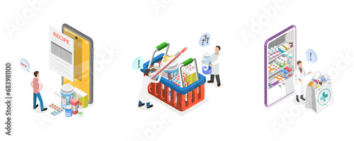 3D Isometric Flat  Conceptual Illustration of Pharmacy Store, Online Drugstore Service