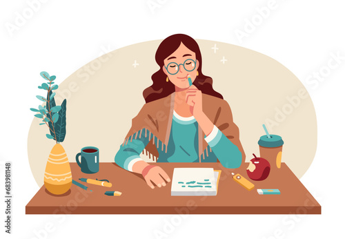 Writer woman working writing and making notes. Dreamy author or student person thinking, writing down creative ideas, thoughts on paper sheet at desk workplace. Creativity flat vector illustration