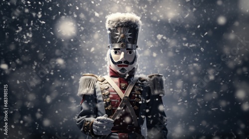  a man dressed in a nutcracker outfit standing in the snow with a hat and gloves on his head. © Olga