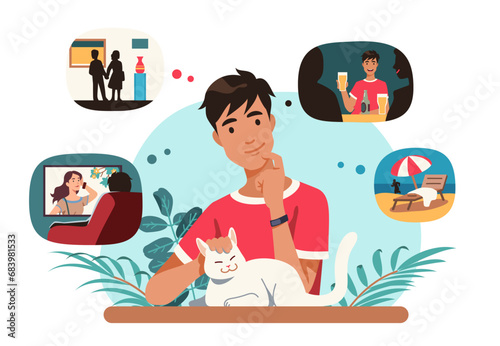 Pensive guy choosing recreation activity. Thoughtful young man thinking planning and selecting leisure for weekend. Person recreational pastime choice, selection concept flat vector illustration
