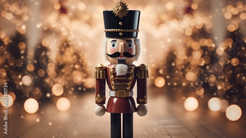  a nutcracker is standing on a wooden floor in front of a blurry background of trees and lights. photo