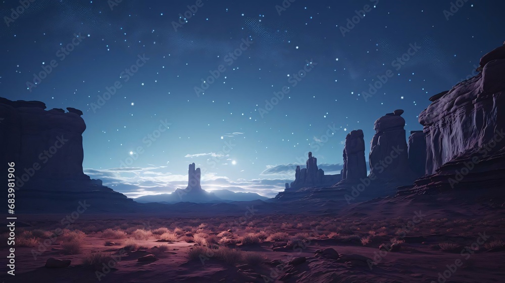 a rocky landscape with a starry sky above with Arches National Park in the background
