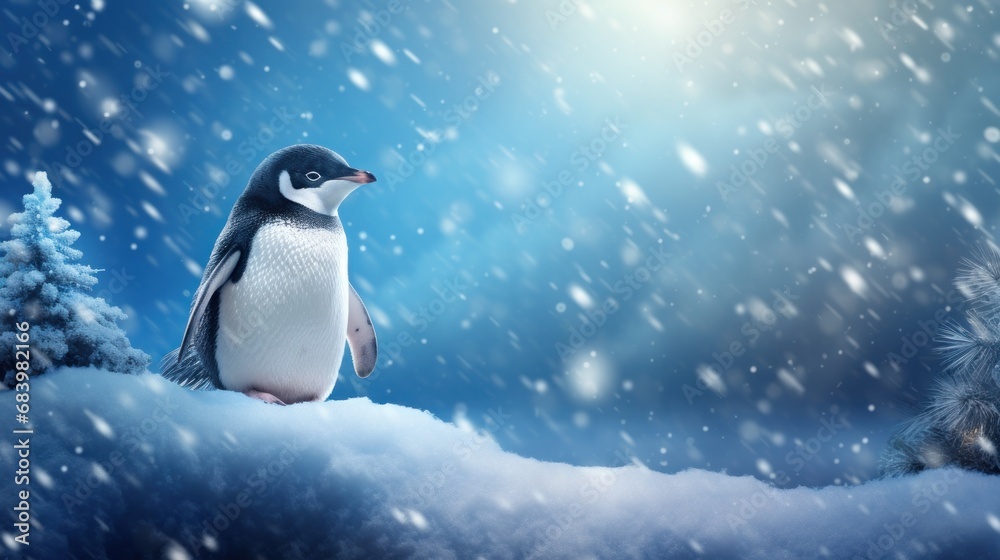 Fototapeta premium a penguin sitting on top of a pile of snow next to a pine tree with snow falling down on it.