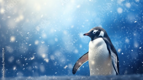  a penguin standing in the snow with snow flakes on it s back and a blue sky in the background.