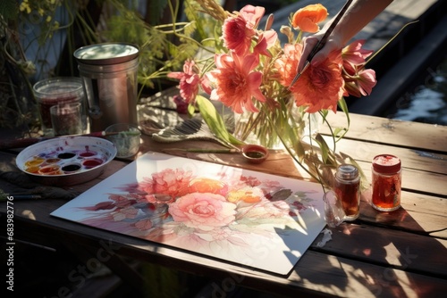 Water colour painting of flowers, outdoor activity setup, AI generated image