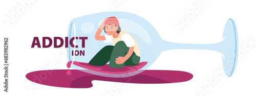 Alcohol addict person sitting inside wine glass. Depressed drunk alcoholic man having alcohol drink addiction problem. Bad health habit, booze, alcoholism illness concept flat vector illustration
