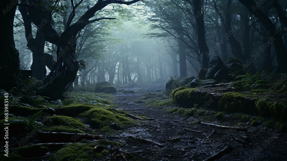 a foggy forest with mossy rocks and trees