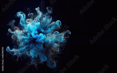 Blue smoke and abstract blue psychedelic wallpaper set against a black studio background. Copy space for text, advertising, message, logo