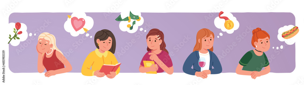 Women thinking dreaming of desires set. Dreamy girls persons daydreaming of love, romance, gift, money, wealth, win, tasty food. Imagination, thoughts, wishes concept flat vector illustration Women thinking dreaming of desires set. Dreamy girls persons daydreaming of love, romance, gift, money, wealth, win, tasty food. Imagination, thoughts, wishes concept flat vector illustration